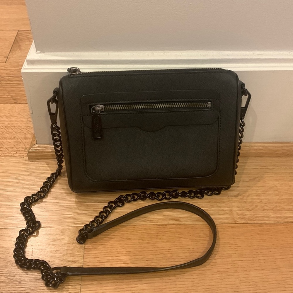 Black Rebecca Minkoff crossbody bag with black chain strap.